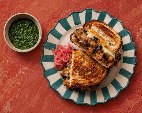 Eggplant bharta melt with smoky eggplant and melted cheese on toasted sourdough.