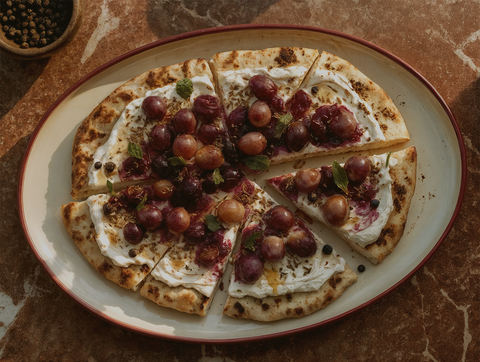 Roasted grape and whipped labneh flatbread topped with cumin, mint and black pepper.