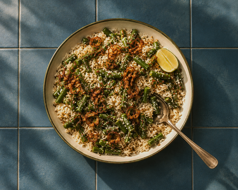 Coconut Green Beans with Crispy Shallots and Cumin Rice